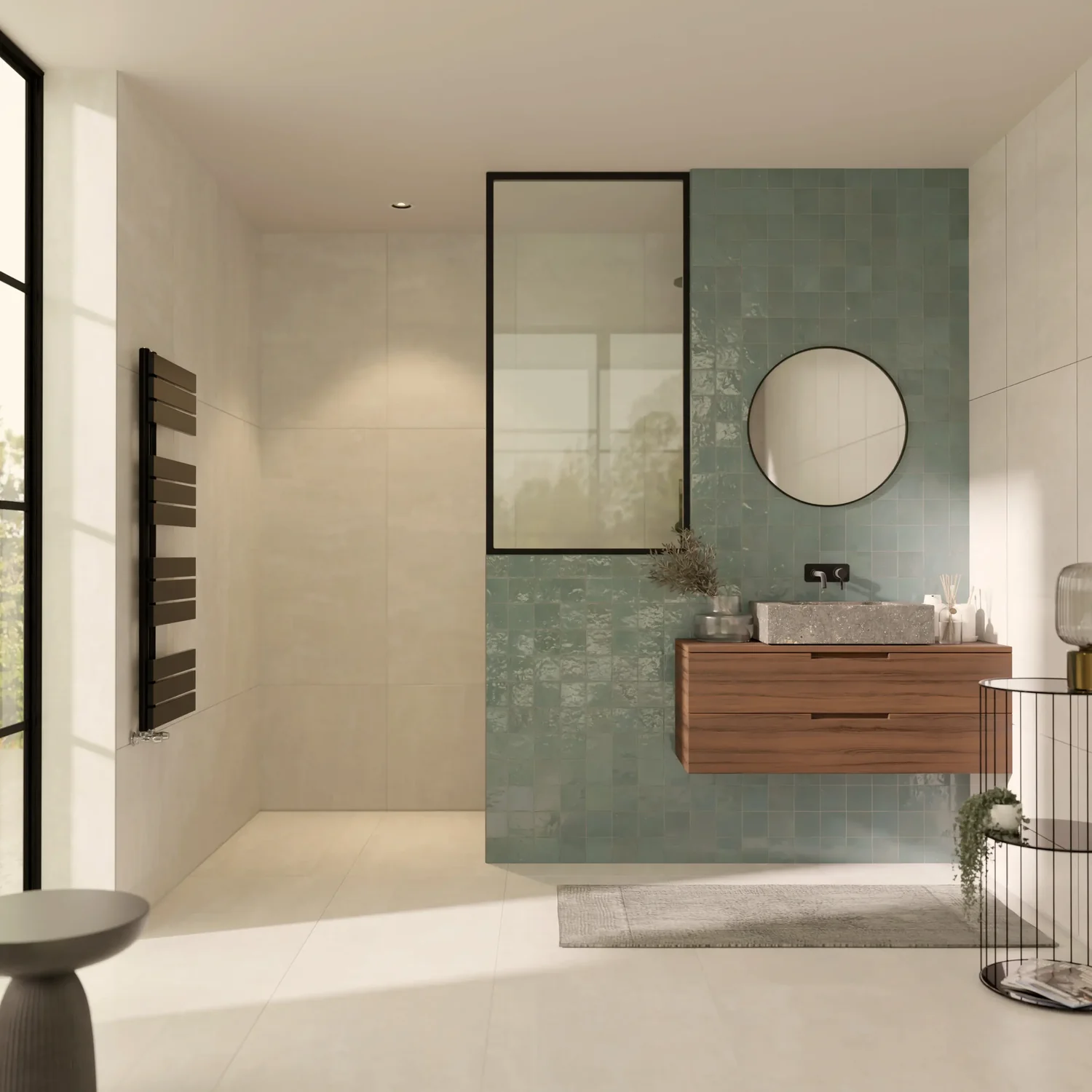 Salle de bain en zellige avec vasques en basalte réalisée par Co'Building